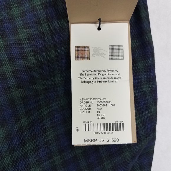 Burberry Men's 40 Soho Tartan Plaid Straight Leg Trousers Pants in Blue/Green - Picture 12 of 16